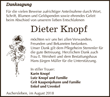 Traueranzeige von Dieter Knopf von Super Sonntag Aschersleben