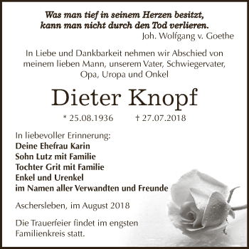 Traueranzeige von Dieter Knopf von Super Sonntag Aschersleben