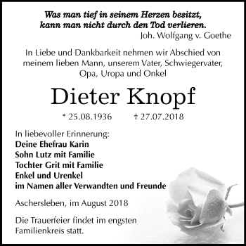 Traueranzeige von Dieter Knopf von Mitteldeutsche Zeitung Aschersleben