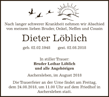 Traueranzeige von Dieter Löblich von Super Sonntag Aschersleben