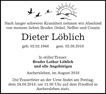 Traueranzeige von Dieter Löblich von Mitteldeutsche Zeitung Aschersleben