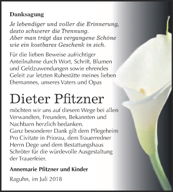 Traueranzeige von Dieter Pfitzner von WVG - Wochenspiegel Bitterfeld