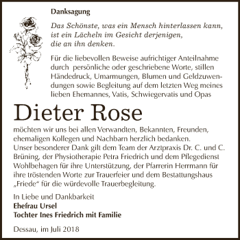 Traueranzeige von Dieter Rose von WVG - Wochenspiegel Dessau / Köthen