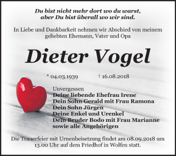 Traueranzeige von Dieter Vogel von WVG - Wochenspiegel Bitterfeld