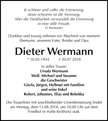 Traueranzeige von Dieter Wermann von Mitteldeutsche Zeitung Halle/Saalkreis