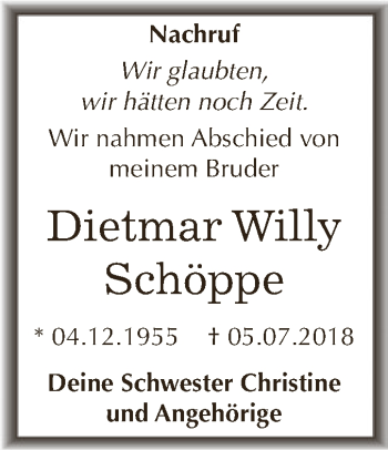 Traueranzeige von Dietmar Willy Schöppe von WVG - Wochenspiegel NMB / WSF / ZTZ