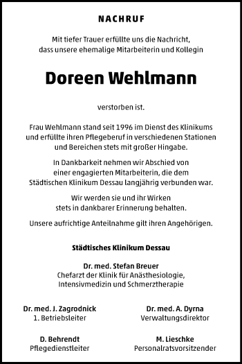 Traueranzeige von Doreen Wehlmann von Mitteldeutsche Zeitung Dessau-Roßlau