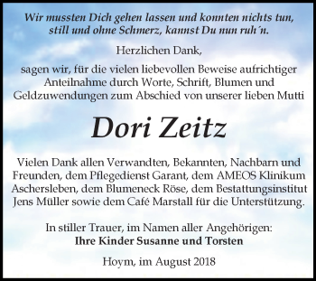 Traueranzeige von Dori Zeitz von Mitteldeutsche Zeitung Aschersleben
