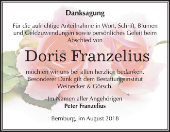 Traueranzeige von Doris Franzelius von Mitteldeutsche Zeitung Bernburg