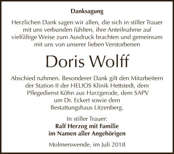 Traueranzeige von Doris Wolff von Super Sonntag SGH Mansf. Land