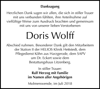Traueranzeige von Doris Wolff von Mitteldeutsche Zeitung