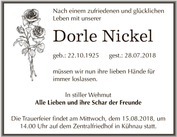 Traueranzeige von Dorle Nickel von WVG - Wochenspiegel Dessau / Köthen