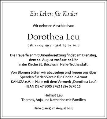 Traueranzeige von Dorothea Leu von Mitteldeutsche Zeitung Halle/Saalkreis