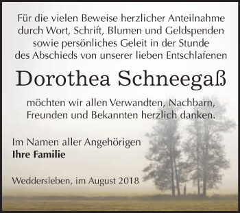 Traueranzeige von Dorothea Schneegaß von WVG - Wochenspiegel Quedlinburg