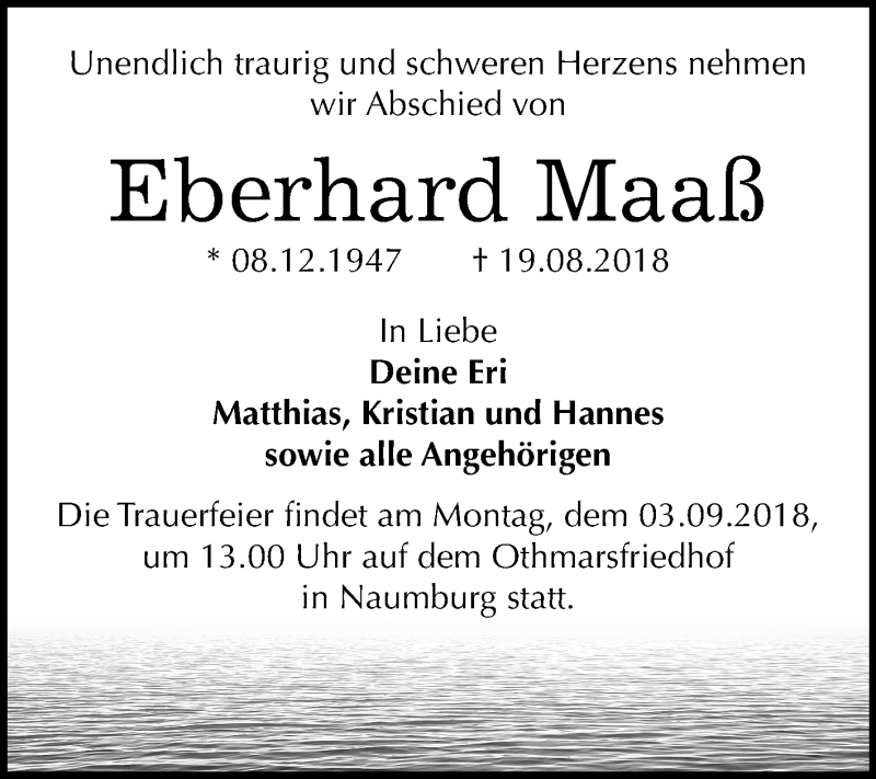  Traueranzeige für Eberhard Maaß vom 25.08.2018 aus Mitteldeutsche Zeitung
