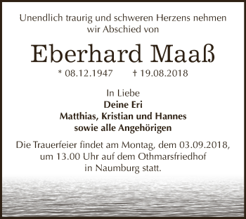 Traueranzeige von Eberhard Maaß von WVG - Wochenspiegel NMB / WSF / ZTZ