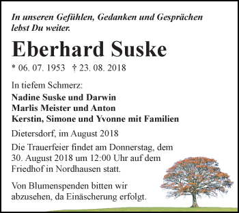 Traueranzeige von Eberhard Suske von Mitteldeutsche Zeitung Sangerhausen