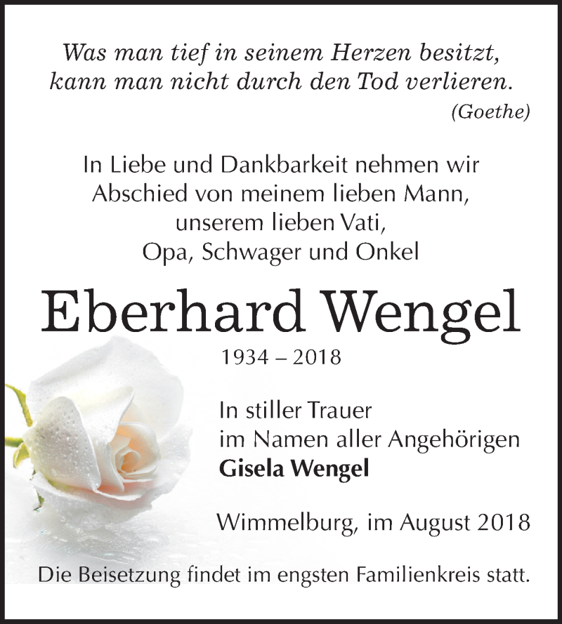  Traueranzeige für Eberhard Wengel vom 22.08.2018 aus Mitteldeutsche Zeitung