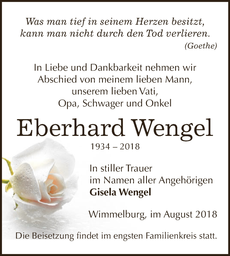  Traueranzeige für Eberhard Wengel vom 22.08.2018 aus Wochenspiegel Mansfelder Land