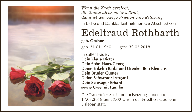  Traueranzeige für Edeltraud Rothbarth vom 08.08.2018 aus Wochenspiegel Mansfelder Land