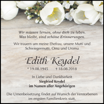 Traueranzeige von Edith Keydel von Mitteldeutsche Zeitung Merseburg/Querfurt