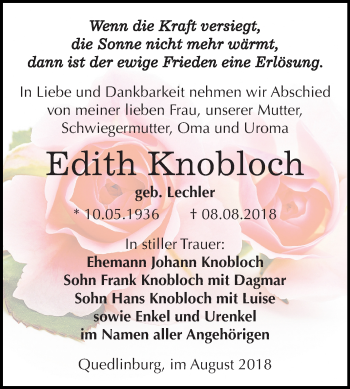 Traueranzeige von Edith Knobloch von Mitteldeutsche Zeitung Quedlinburg