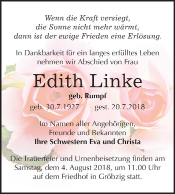 Traueranzeige von Edith Linke von Mitteldeutsche Zeitung Köthen