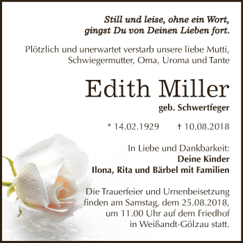 Traueranzeige von Edith Miller von WVG - Wochenspiegel Dessau / Köthen
