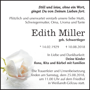 Traueranzeige von Edith Miller von Mitteldeutsche Zeitung Köthen
