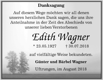 Traueranzeige von Edith Wagner von Mitteldeutsche Zeitung Sangerhausen