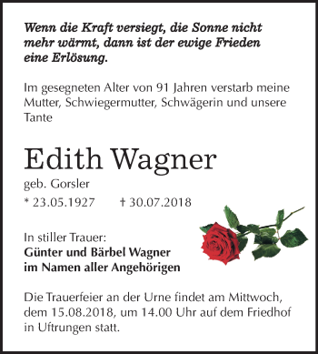 Traueranzeige von Edith Wagner von Mitteldeutsche Zeitung Sangerhausen