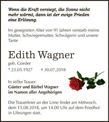 Traueranzeige von Edith Wagner von Super Sonntag SGH Mansf. Land
