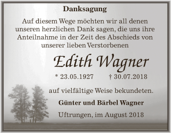Traueranzeige von Edith Wagner von Super Sonntag SGH Mansf. Land