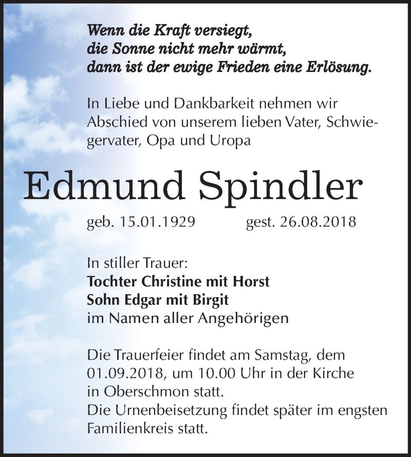  Traueranzeige für Edmund Spindler vom 30.08.2018 aus Mitteldeutsche Zeitung Merseburg/Querfurt
