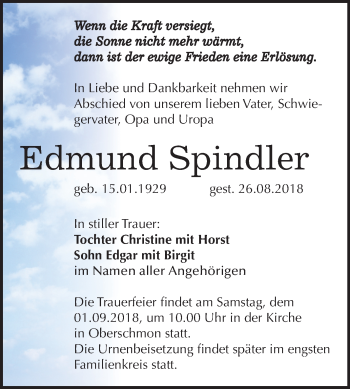 Traueranzeige von Edmund Spindler von Mitteldeutsche Zeitung Merseburg/Querfurt
