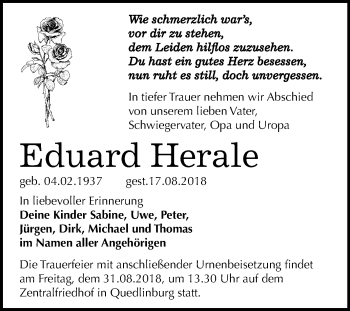 Traueranzeige von Eduard Herale von Mitteldeutsche Zeitung
