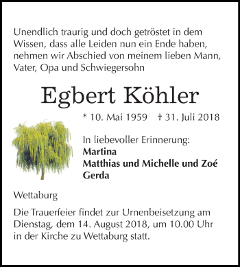 Traueranzeige von Egbert Köhler von Mitteldeutsche Zeitung
