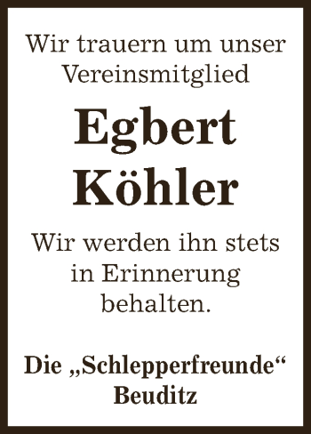 Traueranzeige von Egbert Köhler von WVG - Wochenspiegel NMB / WSF / ZTZ