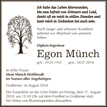 Traueranzeige von Egon Münch von Wochenspiegel Mansfelder Land