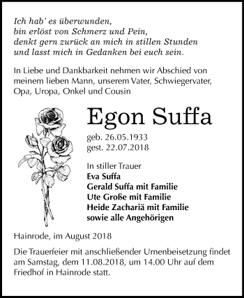 Traueranzeige von Egon Suffa von Mitteldeutsche Zeitung Sangerhausen