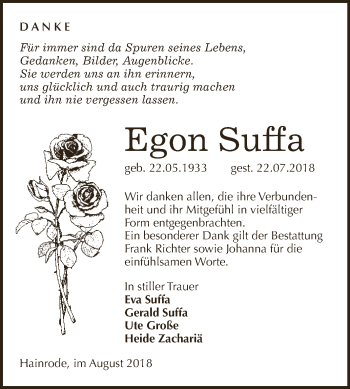 Traueranzeige von Egon Suffa von Super Sonntag SGH Mansf. Land
