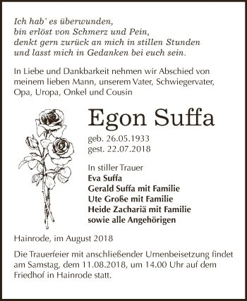 Traueranzeige von Egon Suffa von Super Sonntag SGH Mansf. Land