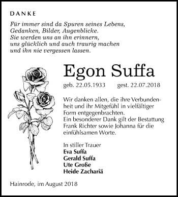 Traueranzeige von Egon Suffa von Mitteldeutsche Zeitung Sangerhausen