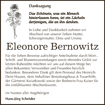 Traueranzeige von Eleonore Bernowitz von WVG - Wochenspiegel Dessau / Köthen