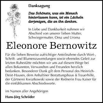 Traueranzeige von Eleonore Bernowitz von Mitteldeutsche Zeitung Dessau-Roßlau
