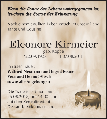 Traueranzeige von Eleonore Kirmeier von Mitteldeutsche Zeitung Dessau-Roßlau