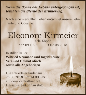 Traueranzeige von Eleonore Kirmeier von WVG - Wochenspiegel Dessau / Köthen