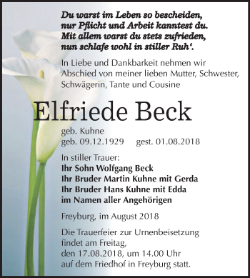 Traueranzeige von Elfriede Beck von Mitteldeutsche Zeitung