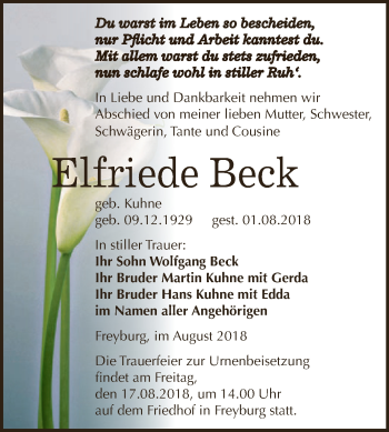 Traueranzeige von Elfriede Beck von WVG - Wochenspiegel NMB / WSF / ZTZ