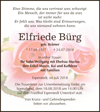 Traueranzeige von Elfriede Bürg von Wochenspiegel Mansfelder Land